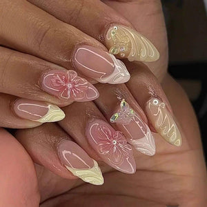 24Pcs Sweet Cool Almond Nail Set Press on Acrylic Nails 3D F.
