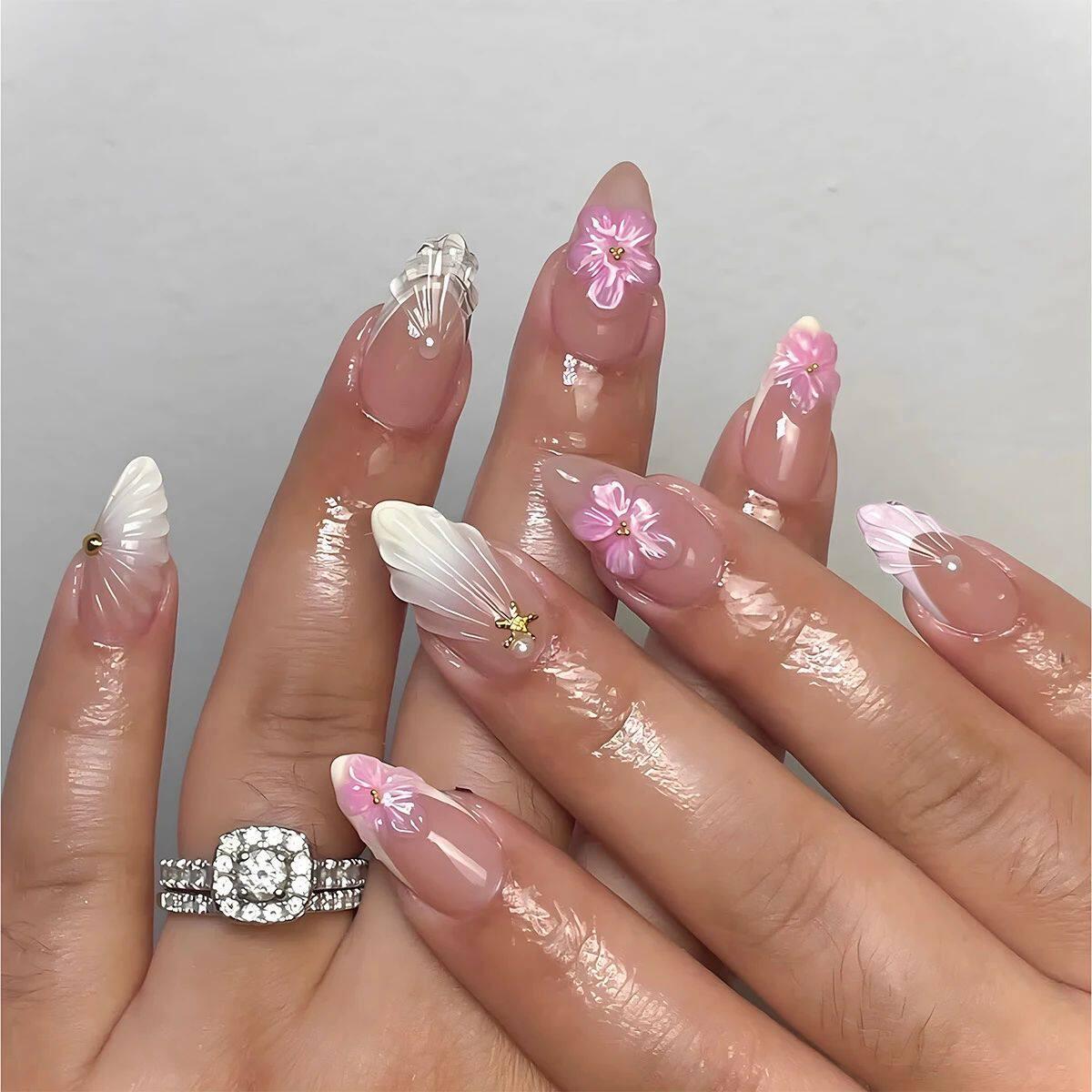24Pcs Sweet Cool Almond Nail Set Press on Acrylic Nails 3D F.