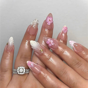 24Pcs Sweet Cool Almond Nail Set Press on Acrylic Nails 3D F.