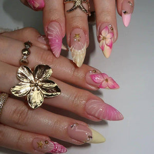 24Pcs Sweet Cool Almond Nail Set Press on Acrylic Nails 3D F.