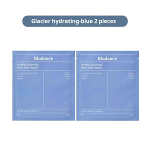 Two Biodance Glacier hydrating-blue real deep masks on a white background