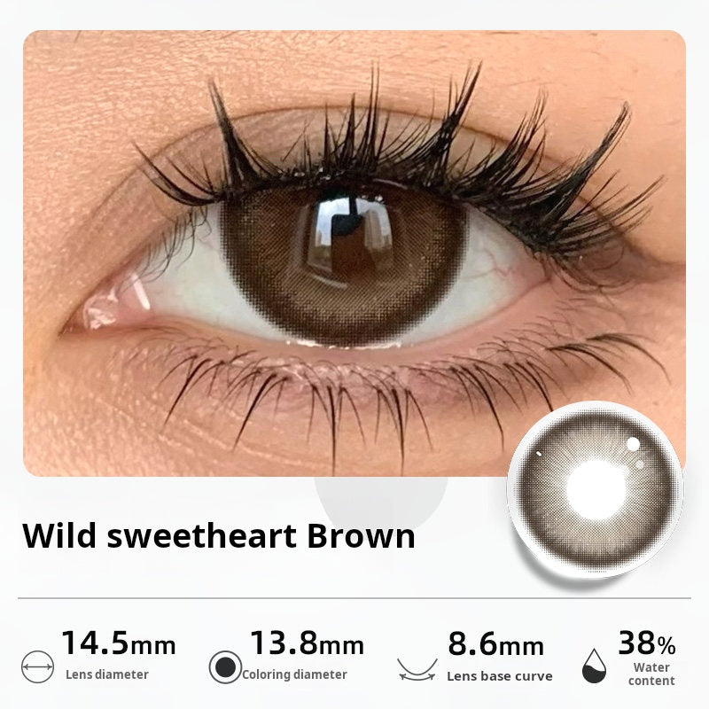 Close-up of an eye wearing "Wild sweetheart Brown" contact lenses, with a prominent dark ring and rich brown center. Specifications: 14.5mm diameter, 13.8mm graphic diameter, 8.6mm base curve, 38% water content.