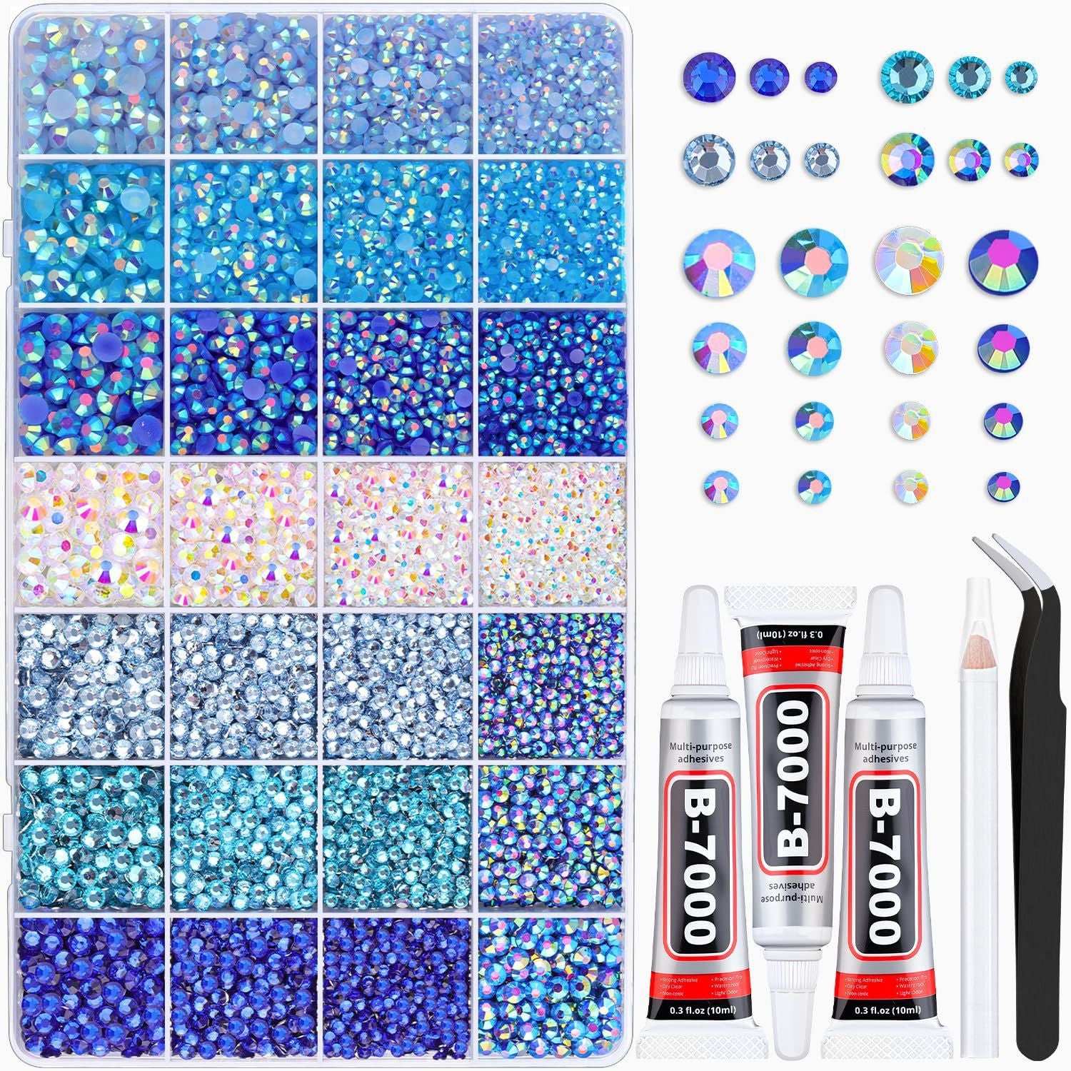 Blue and turquoise Nail Art Gems set featuring round flatback crystals and precision crafting tools.