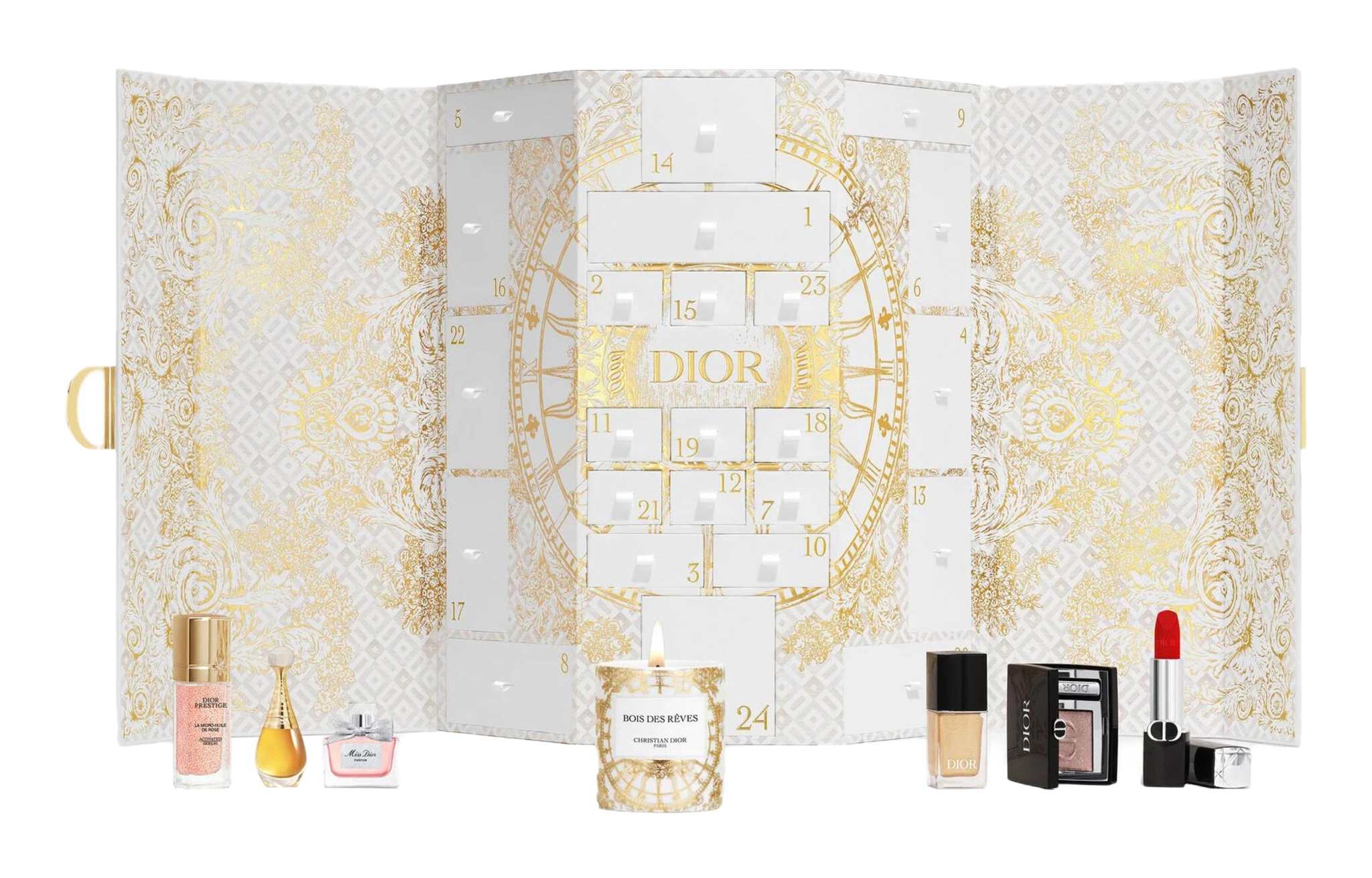 dior christmas limited edition مع 24 عينة عطرية ومستحضرات تجميل بمظهر ذهبي أنيق