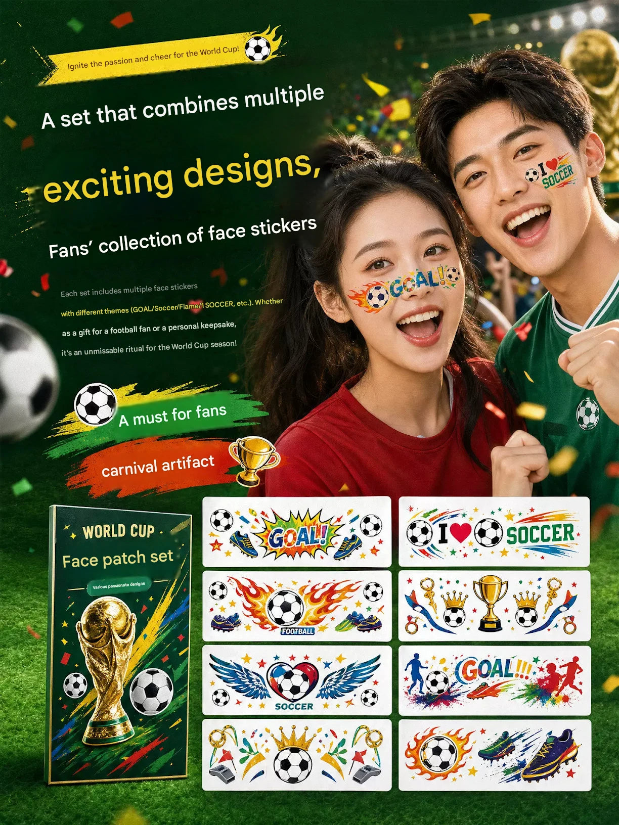 World Cup Watching Fan Face Atmosphere Decorative Sticker Waterproof Sticker, Durable Washable Luminous Football Tattoo Sticker.
