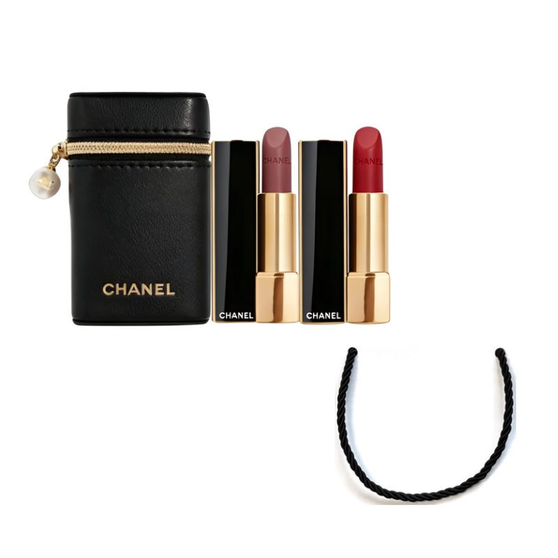 CHANEL 2-piece lipstick set with Pearl Pouch and shopping bag handle.