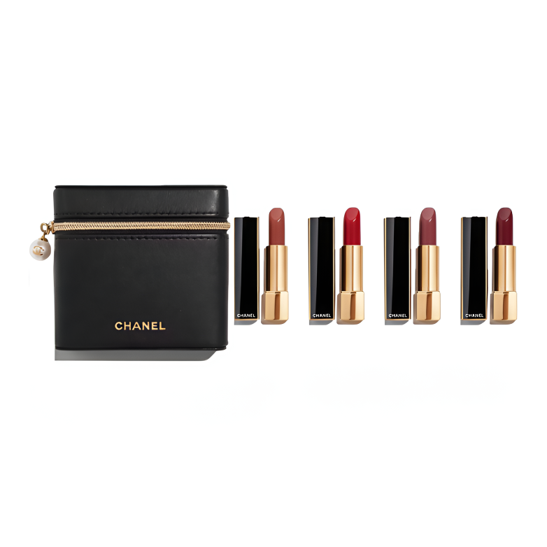 Full view of CHANEL Limited Creation Pearl Pouch and 4-lipstick collection.