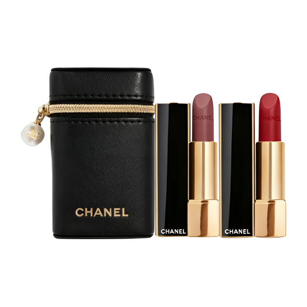 Side view of CHANEL Black Pearl Pouch with two lipsticks.
