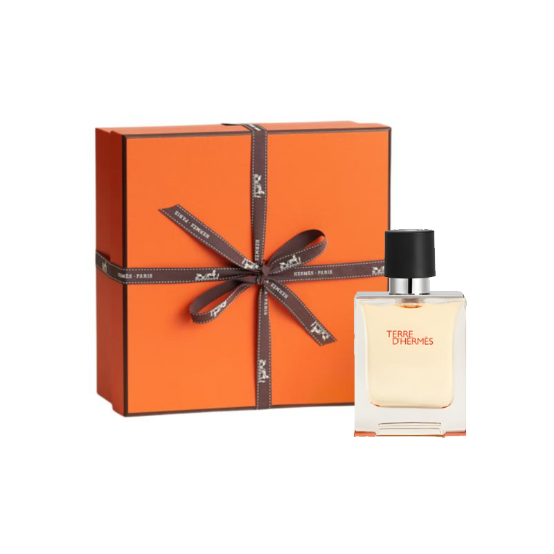 عطر هيرميس تير رجالي مع علبة هدية برتقالية وشريط، المنظر الأمامي