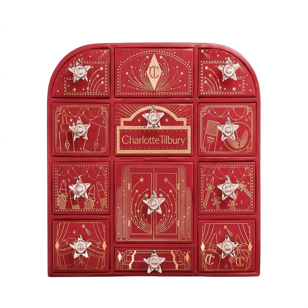 ورقة مواصفات مجموعة مكياج شارلوت تيلبوري Advent Calendar بأسماء المنتجات والأحجام