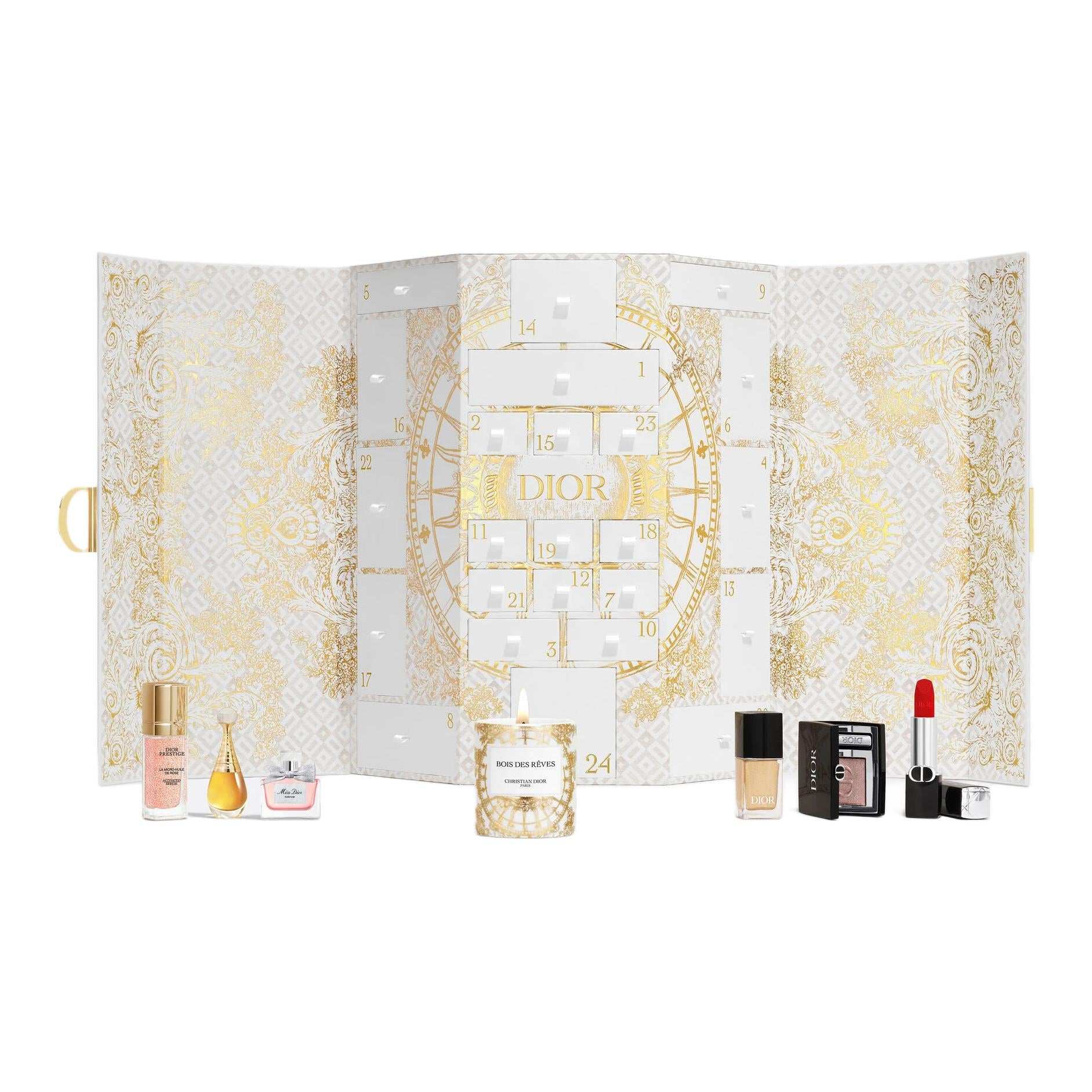 تقويم عطلات ديور الفاخر مع عينات عطرية ومنتجات تجميل بتصميم أبيض ذهبي فاخر