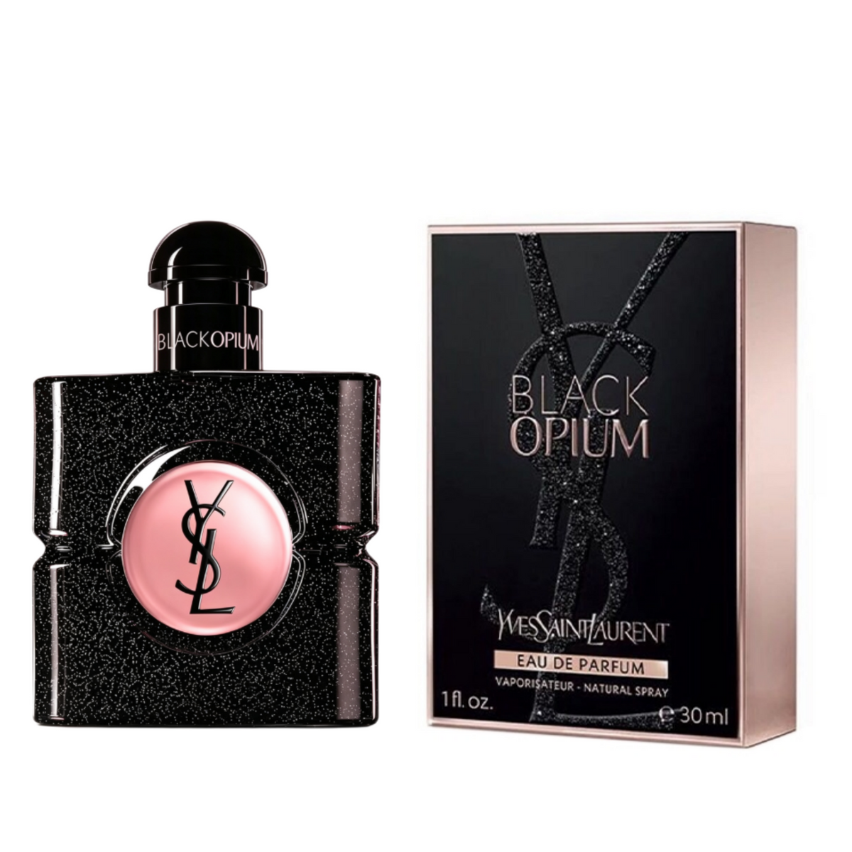 عطر سان لوران نسائي Black Opium زجاجة العطر وعلبته من الأمام