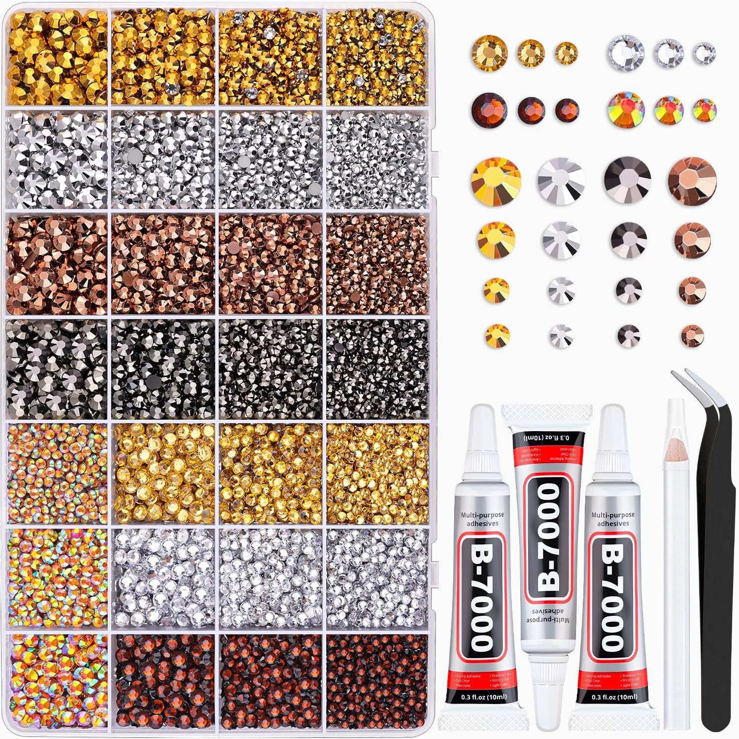 Gold and amber Craft Gems assortment organized by size in a multi-compartment storage case.