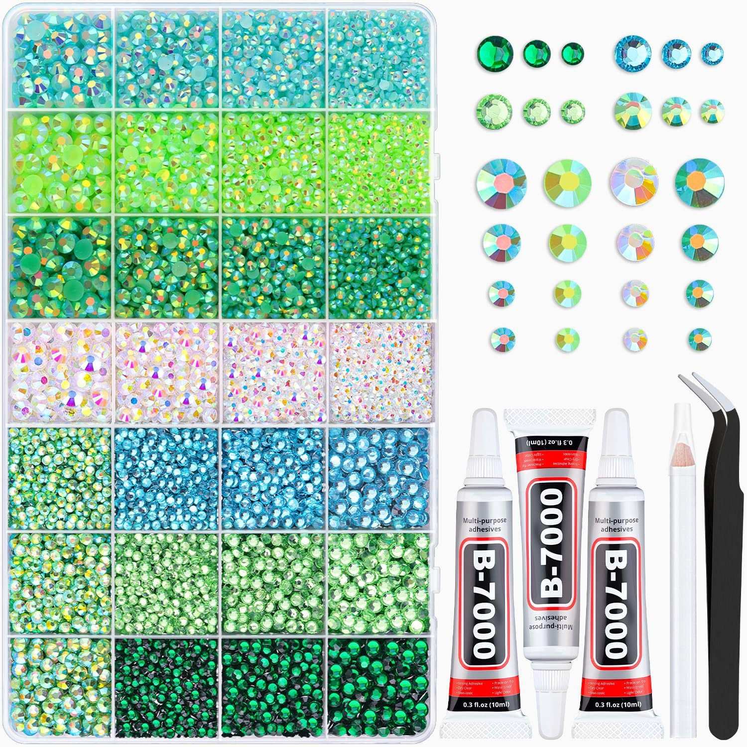 Green spectrum Flatback Gems set for DIY decorating, nail design, and craft projects.