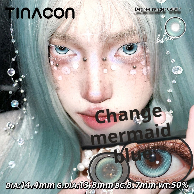 Creative fantasy makeup look featuring Tinacon Mermaid Blue lenses, highlighting the explosive blue pigmentation for cosplay and artistic styles.
