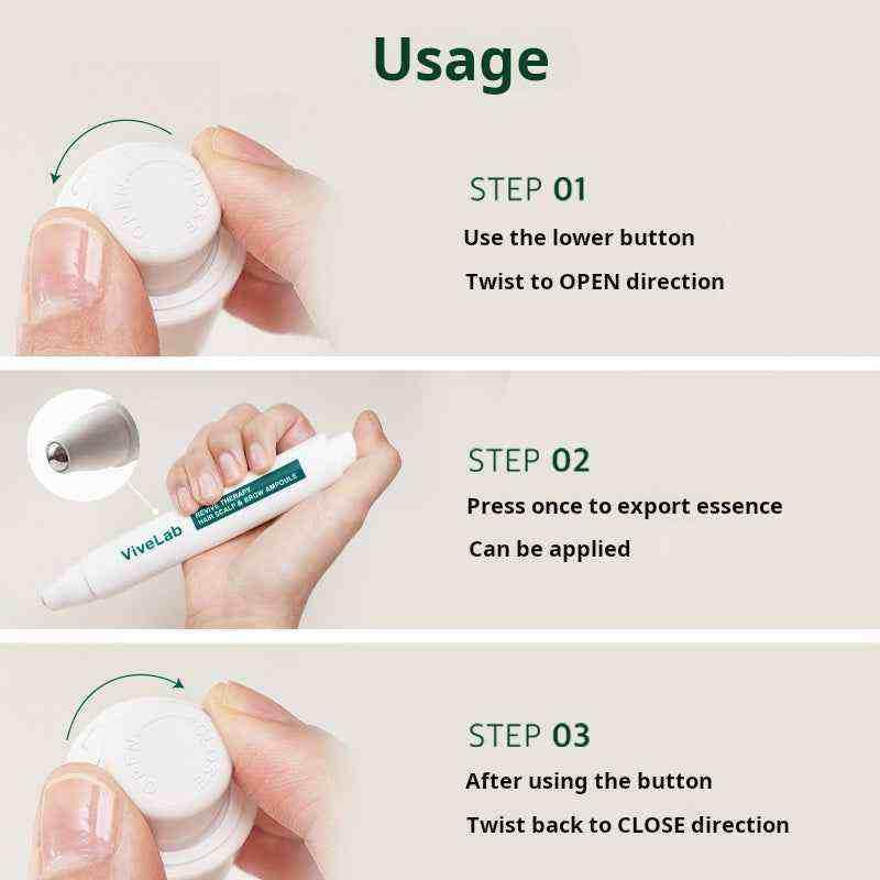 Instructions for using vivelab Scalp Care Serum pen with twist open cap and pressing button to apply essence