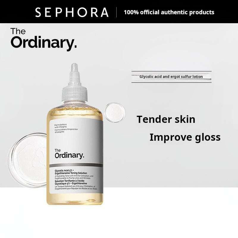 The Ordinary Formula Glycolic Acid & Ergothioneine Toner (AHA Water) to improve radiance.