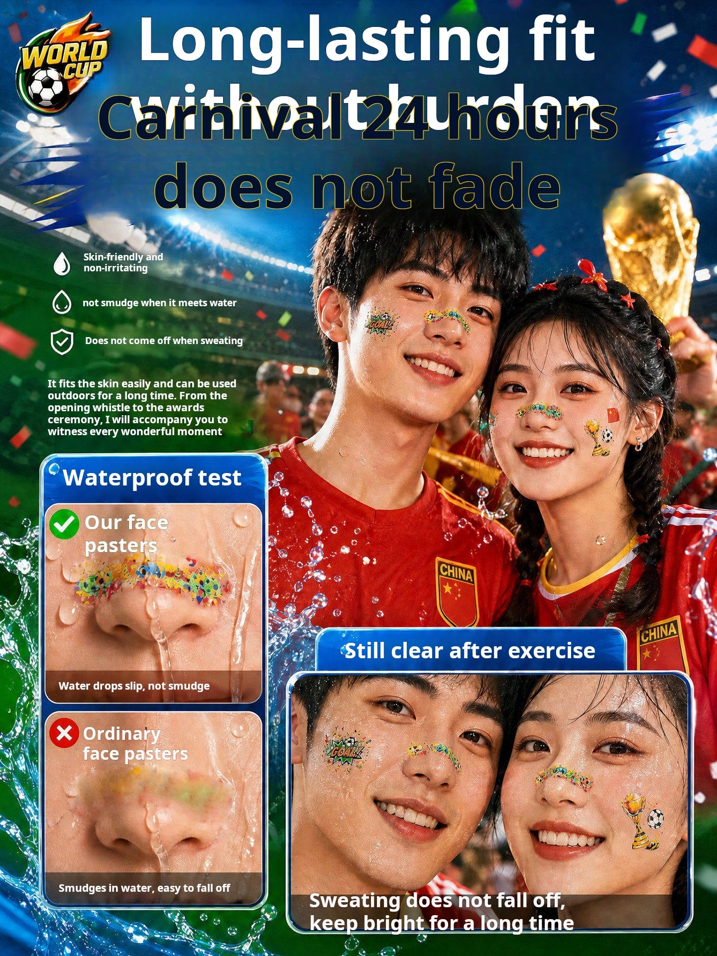 World Cup Watching Fan Face Atmosphere Decorative Sticker Waterproof Sticker, Durable Washable Luminous Football Tattoo Sticker.