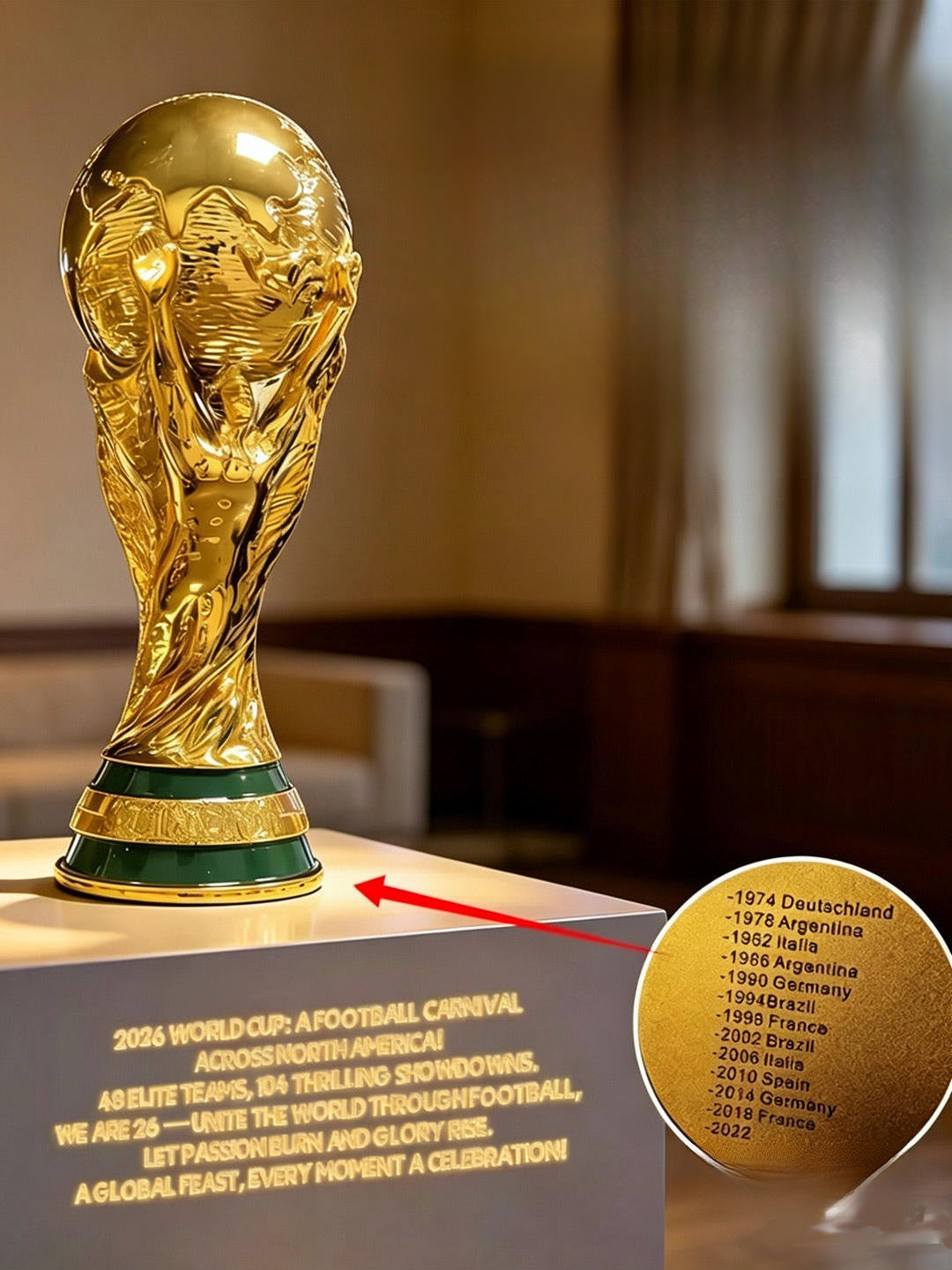 مجسم كأس العالم FIFA بطلاء ذهبي لامع وفخامة التصميم.
