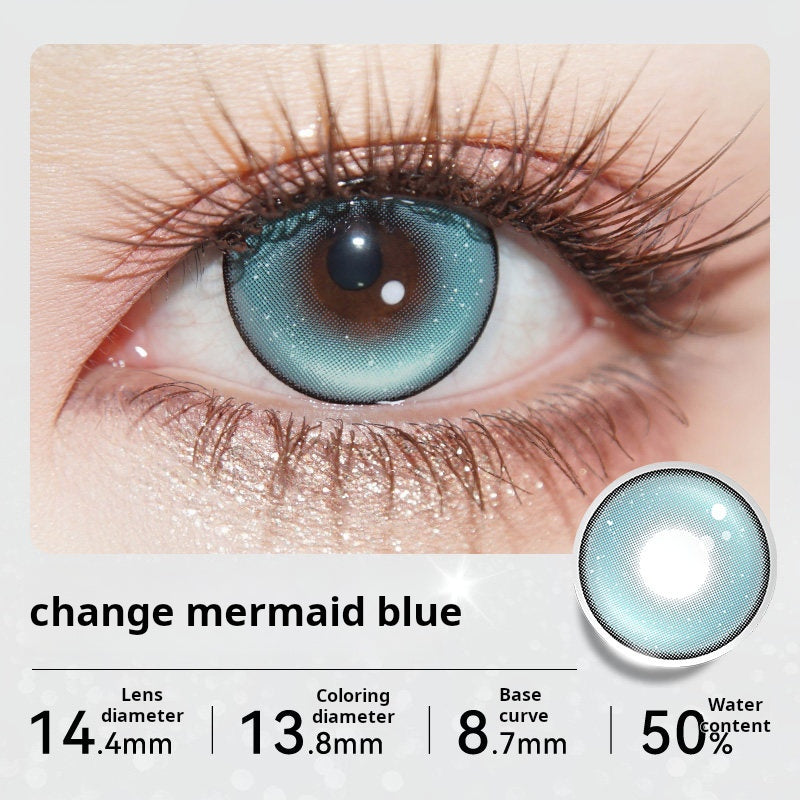 Detailed macro view of the Tinacon Mermaid Blue lens texture and color opacity, showing the 13.8mm coloring diameter and natural pupil blend.