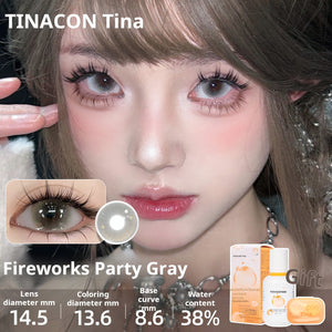 Close-up of an eye wearing Fireworks Party Gray lenses with a distinct outer ring. Specs: 14.5mm diameter, 13.6mm graphic diameter, 8.6mm base curve, 38% water content.